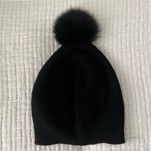 La Fiorentina Black Beanie with Fur Pom